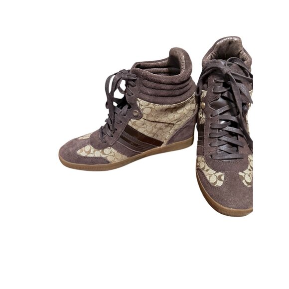 Coach Alara Brown Signature Suede Wedge Sneakers Size 8M Women’s High Top Shoes - Picture 4 of 16